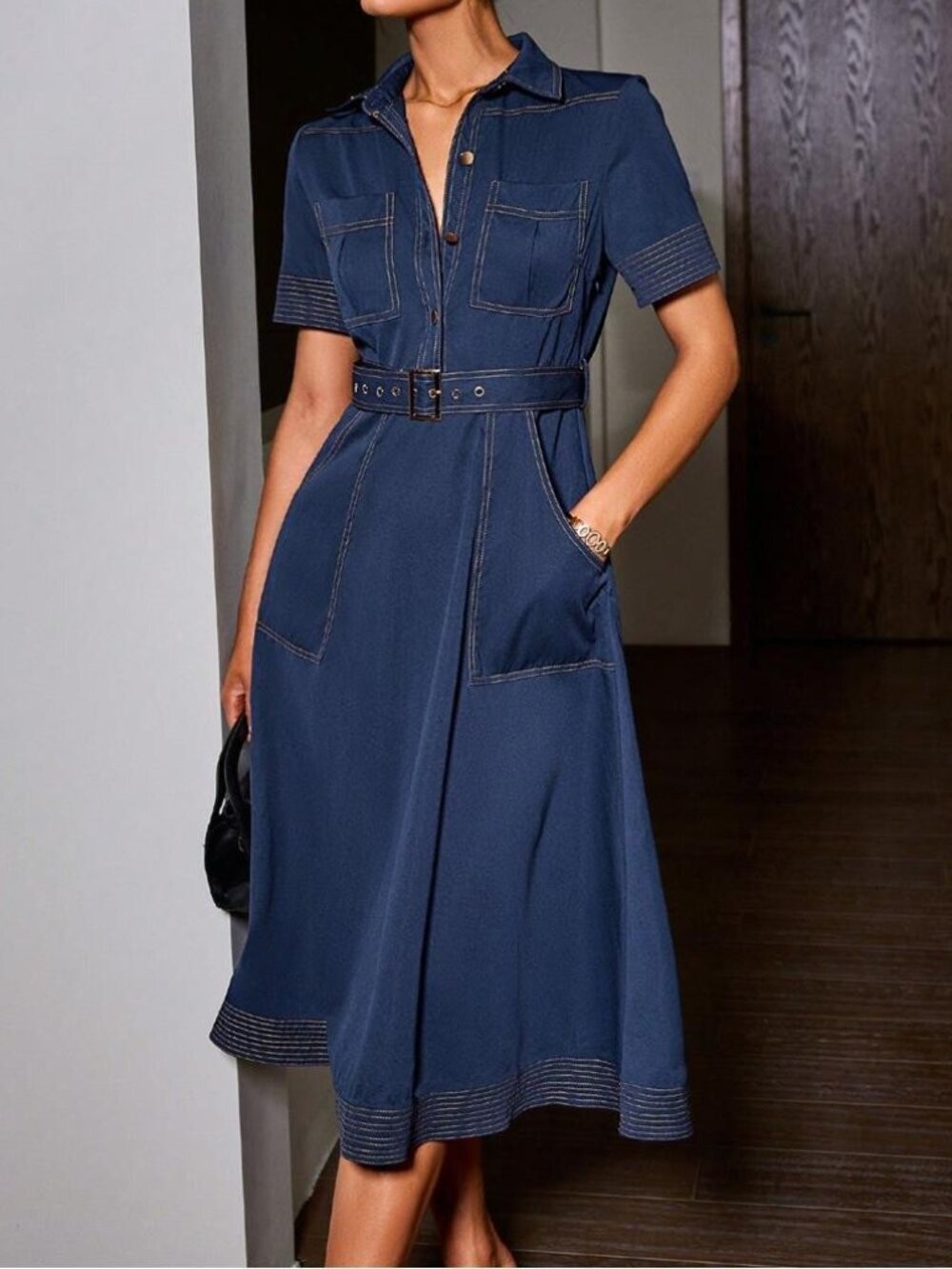 Vintage Inspired Blue Midi Shirt Dress | Elegant Collared Button Front Belted XL
