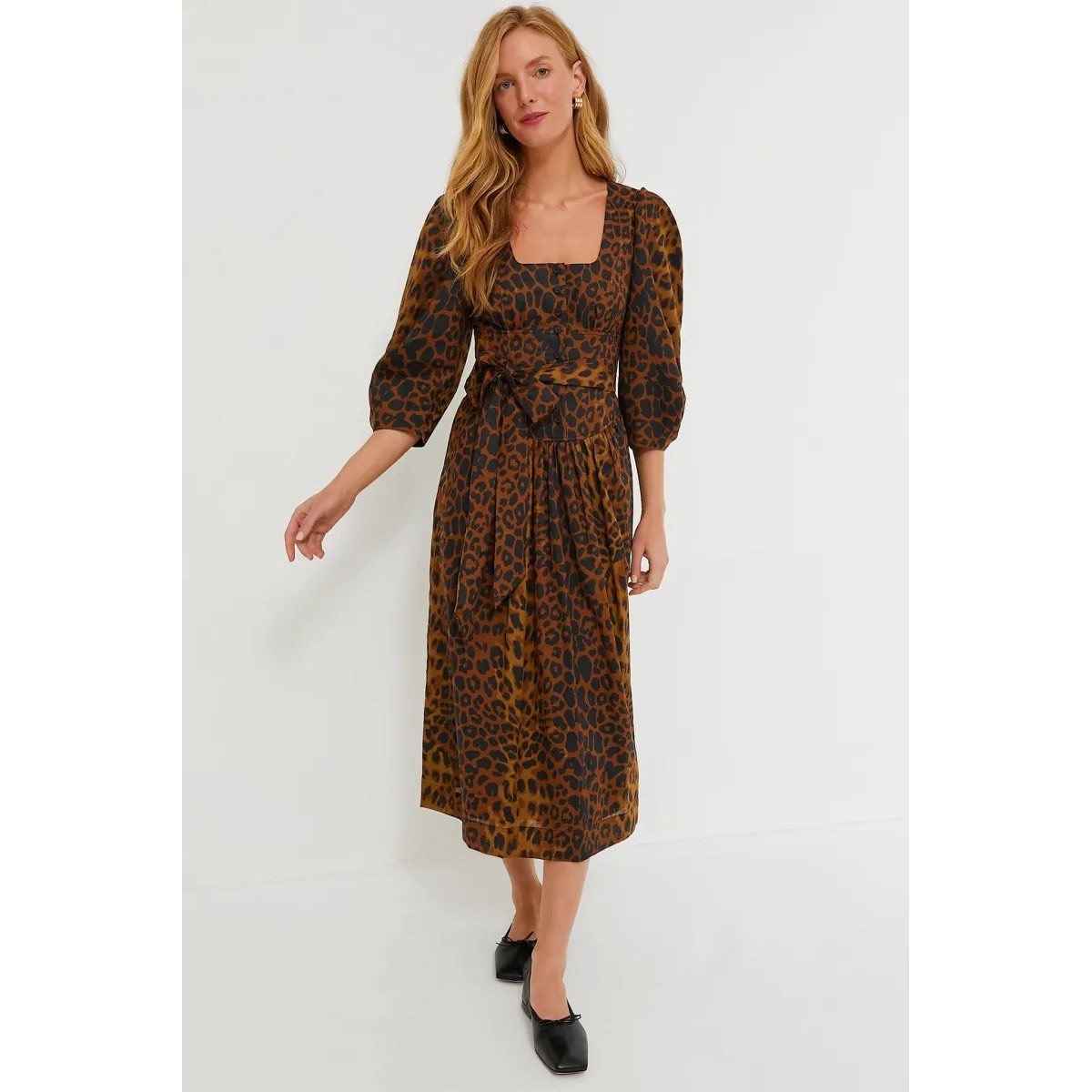 Tuckernuck Leopard Graciela Dress Brown Black Animal Print Midi Puff Sleeve 2
