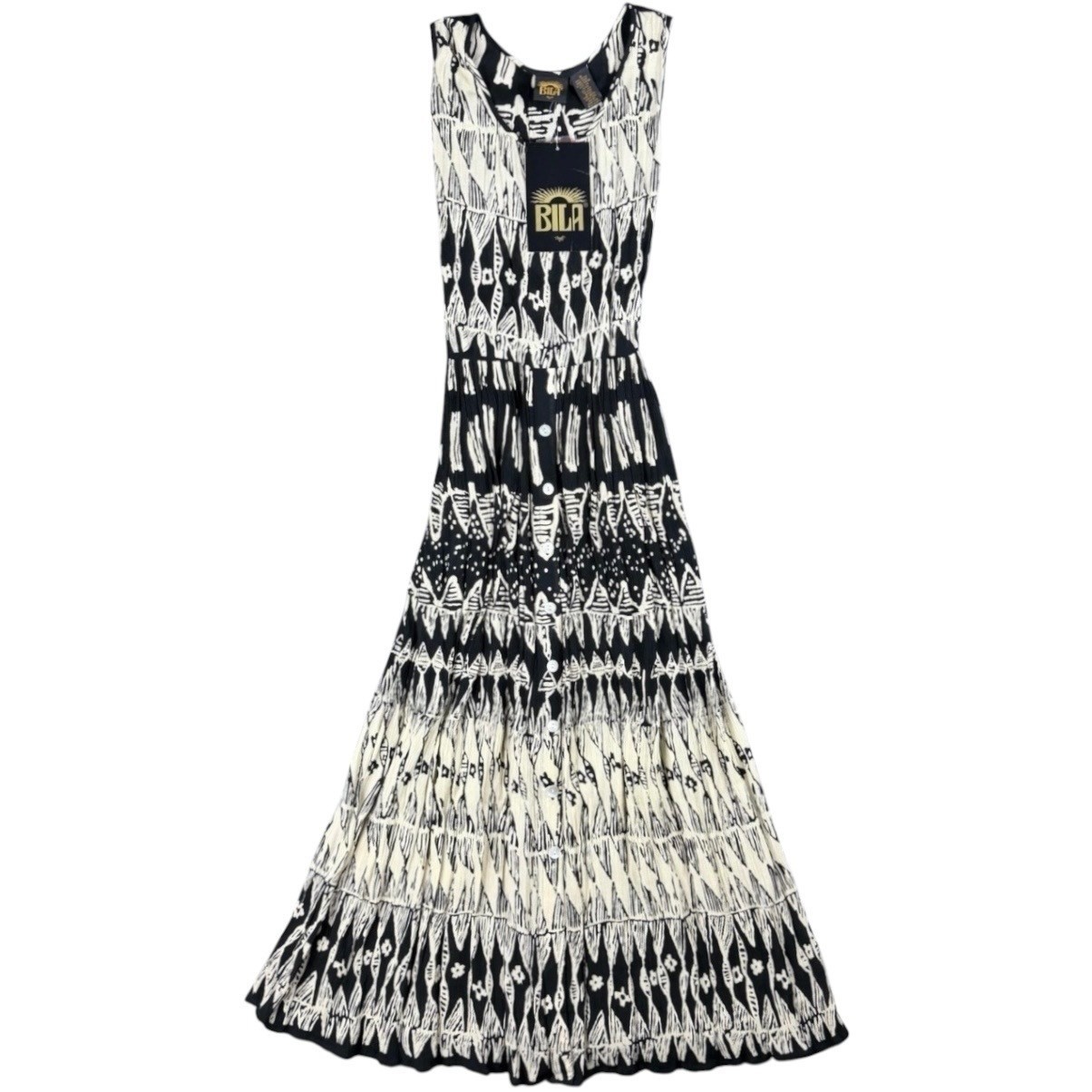 NEW Bila Womens Size M Black Geometric Tribal Print Rayon Maxi Dress Boho Casual