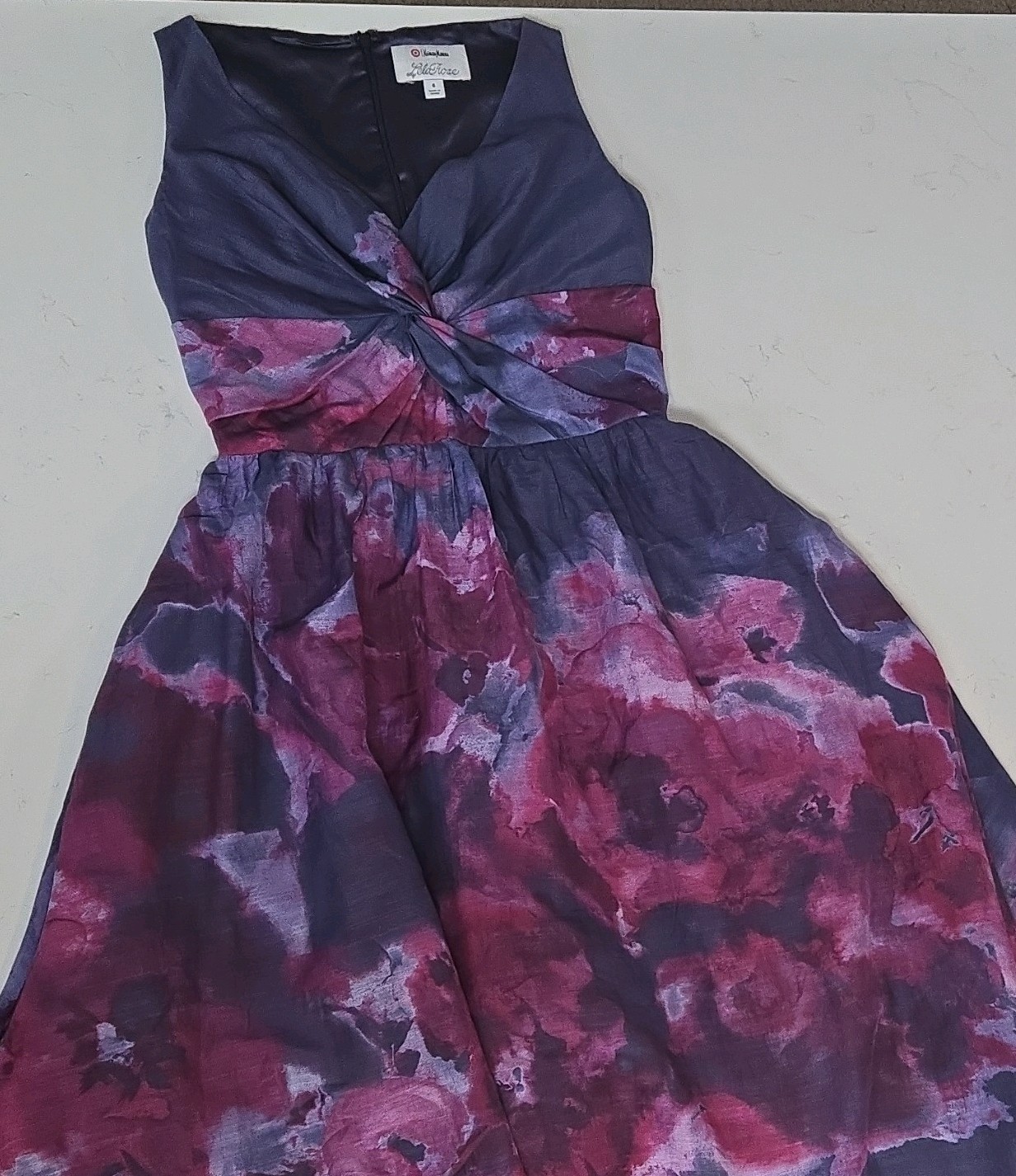 Lela Rose V-Neck Sleeveless Fit & Flare Hi-Low Lined Zip Dress Floral 6