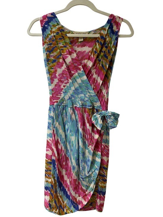 Presley & Skye Silk Pink, Blue & Mustard Abstract Faux Wrap Dress. Medium