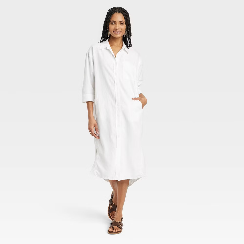 Universal Thread Women 3/4 Sleeve Midi Button Down Shirt Dress