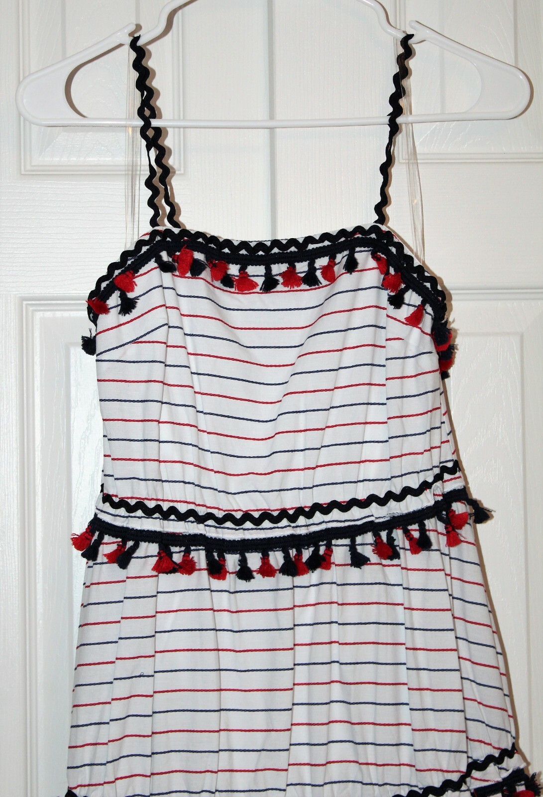 New L’ATISTE Boho Tiered White Blue Red Cotton Maxi Dress Size Medium or Large
