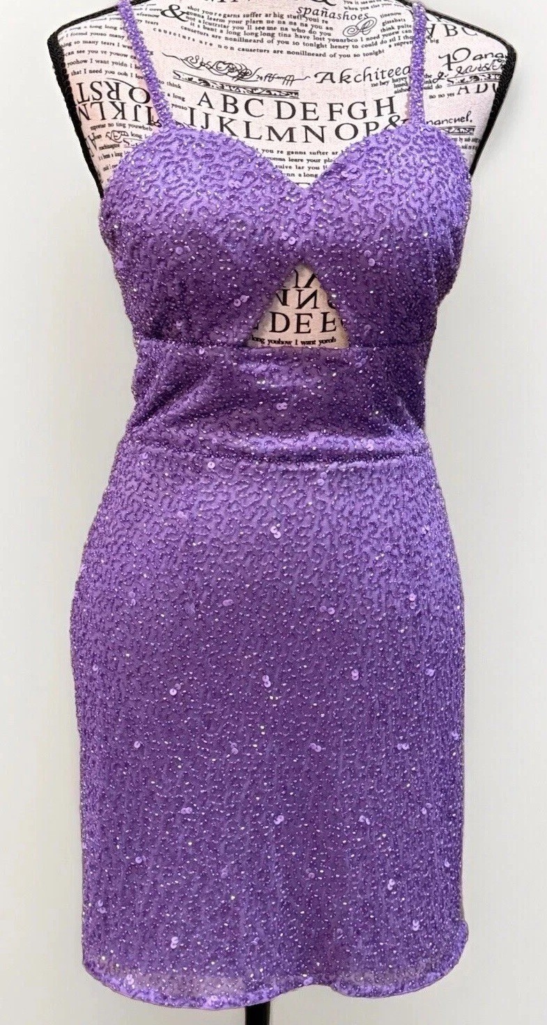 Aleta Purple Spaghetti Strap Sequin Beaded Mesh Cut-out Adjustable Mini Dress 2