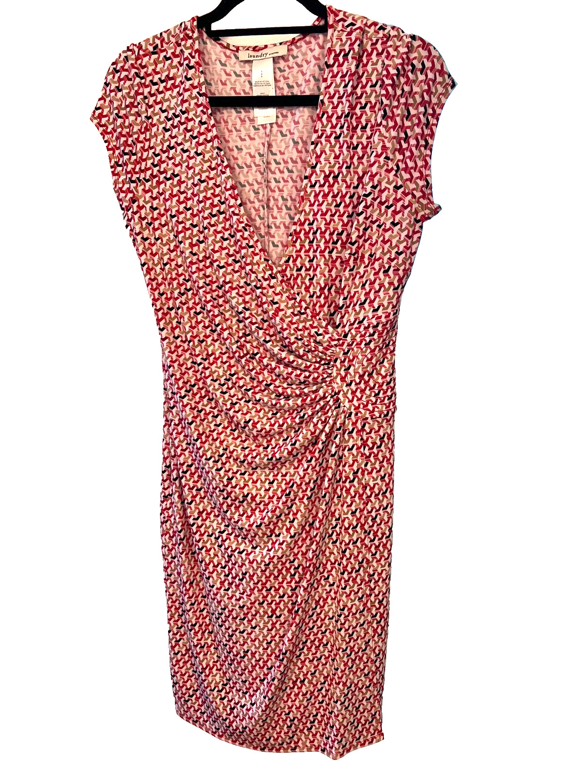 Laundry By Design Red Print Sz 8 Faux Wrap Dress Ruched Short Sleeve V Neck
