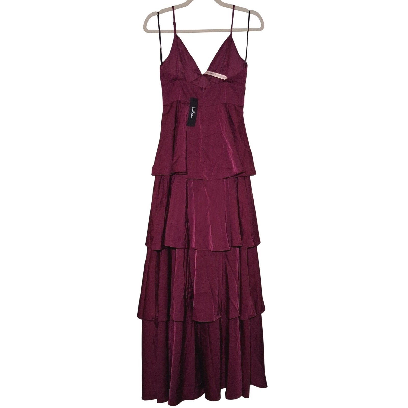 NWT Lulus Going with Elegance Plum Purple Satin Tiered Gown Maxi Dress S Ruffled