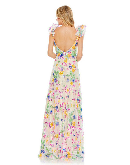Mac Duggal 68068 Sequin Embellished Ruffle Sleeve Gown Multi Floral Size 0