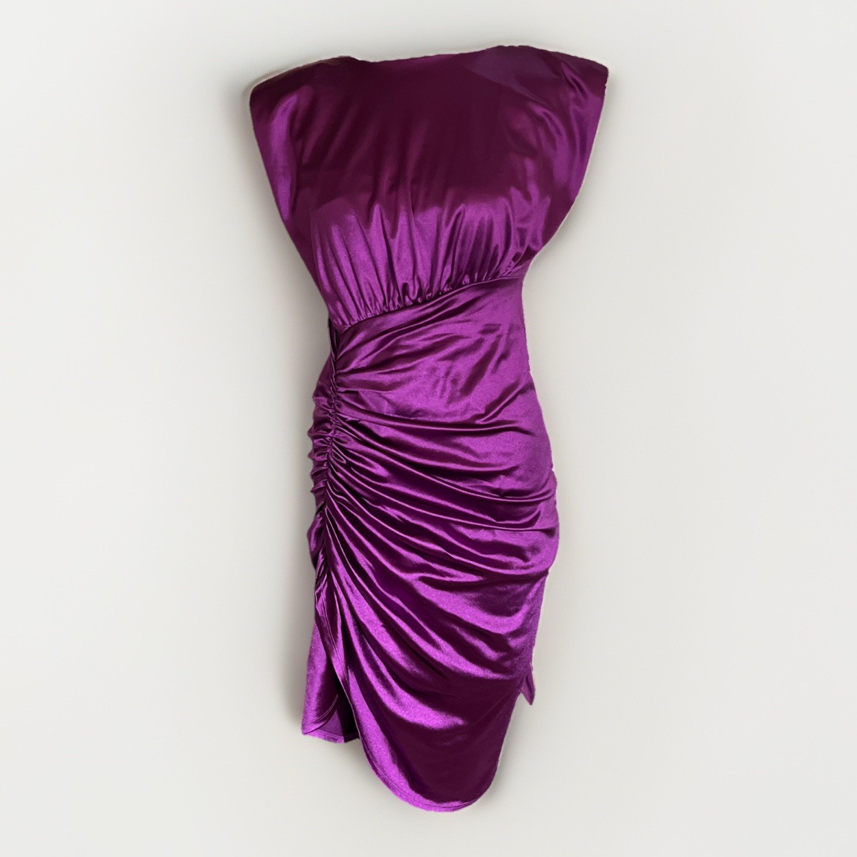 Purple Express Satin Padded Shoulder Ruched Asymmetrical Mini Dress Small