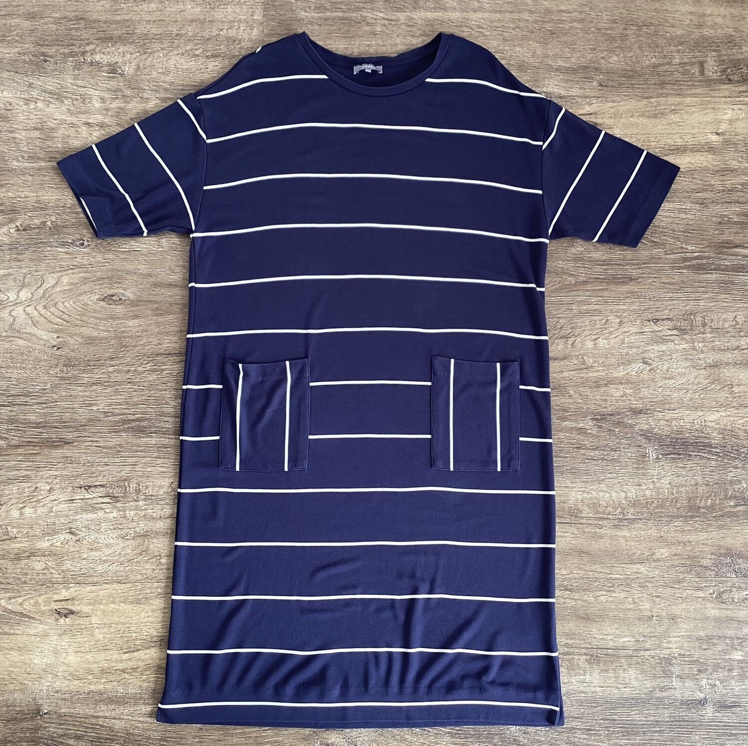 Jaeger dark blue navy & ecru stripe boxy jersey stretchy T shirt dress pockets