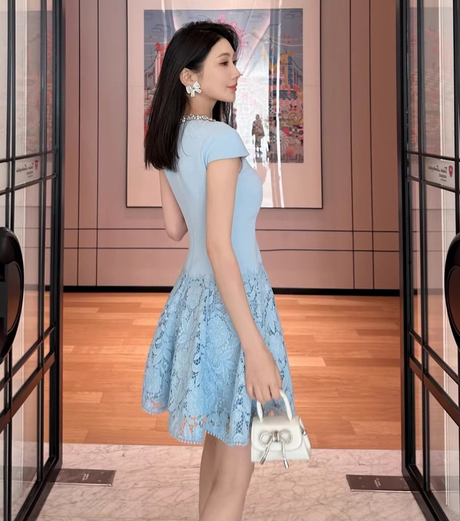 Self-Portrait blue Beaded Rhinestone Lace Assembling Dress Women’s Dress