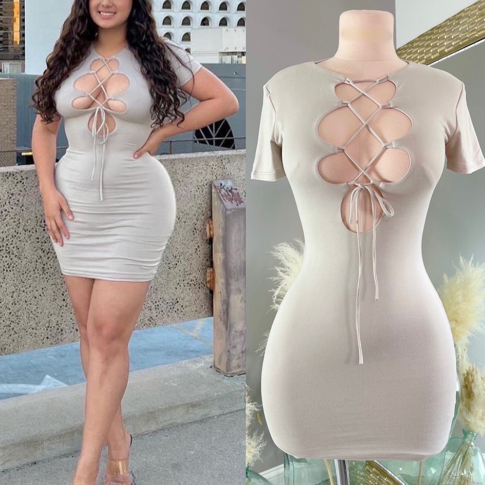New Sexy Bodycon double layered cocktail club lace up stretchy Mini dress Large