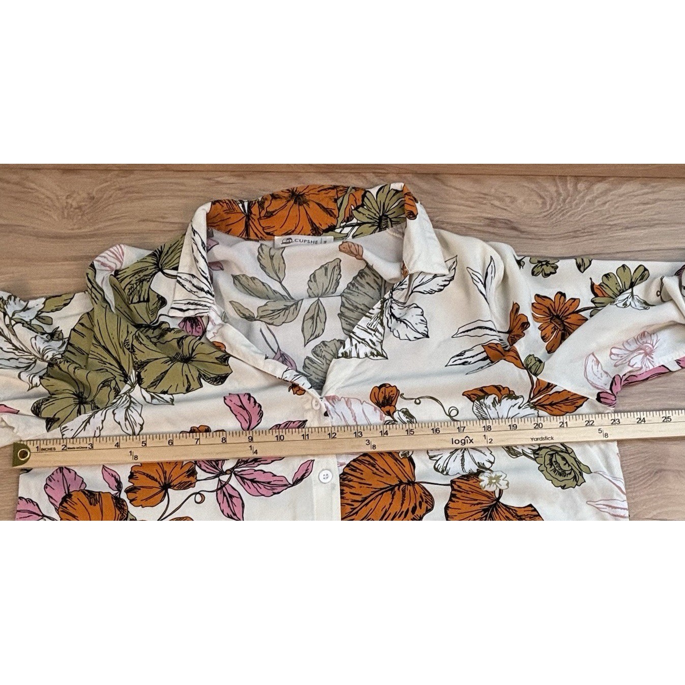 Cupshe Floral Button Down Tunic Shirt Dress Tie Sleeve Cream Orange Green Medium