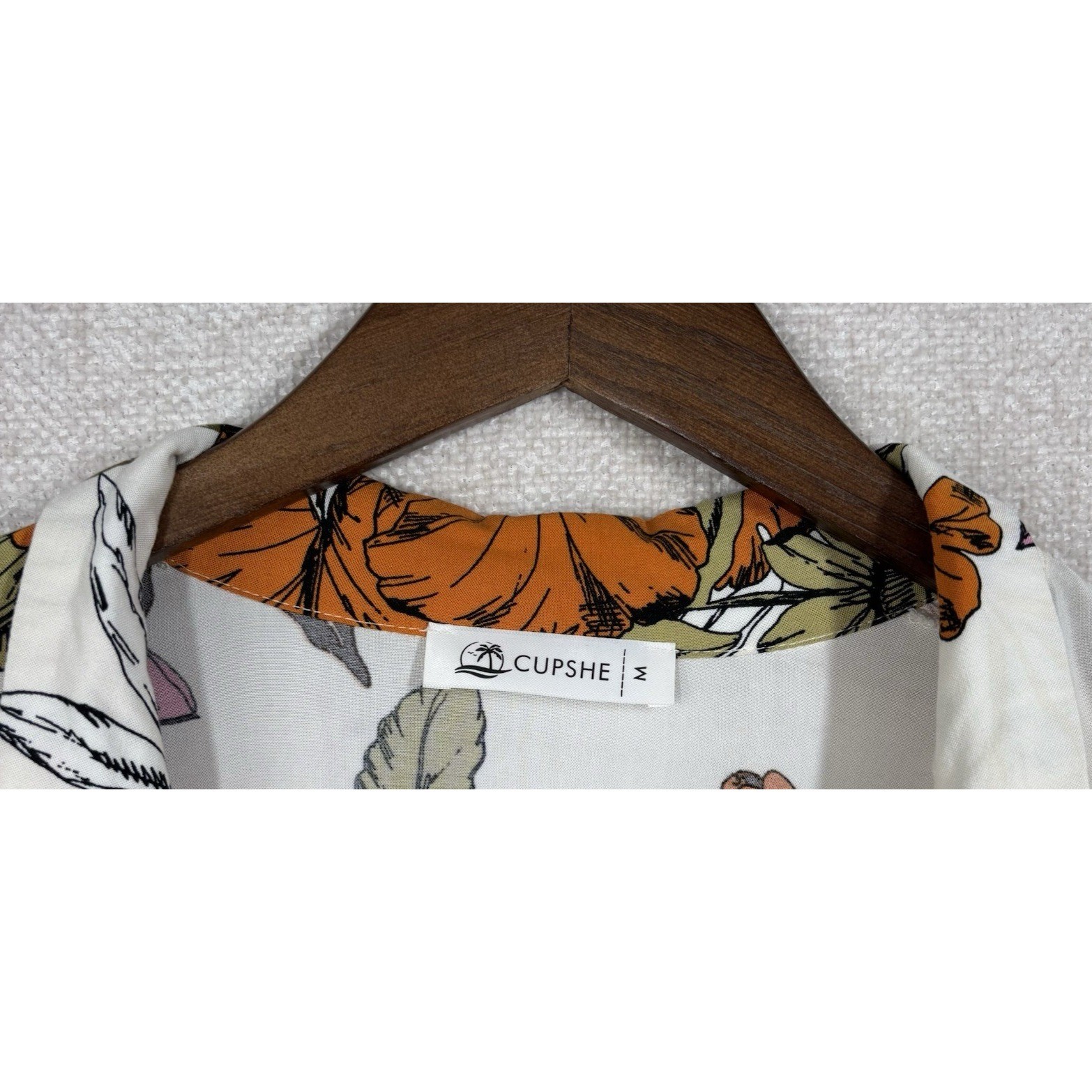 Cupshe Floral Button Down Tunic Shirt Dress Tie Sleeve Cream Orange Green Medium