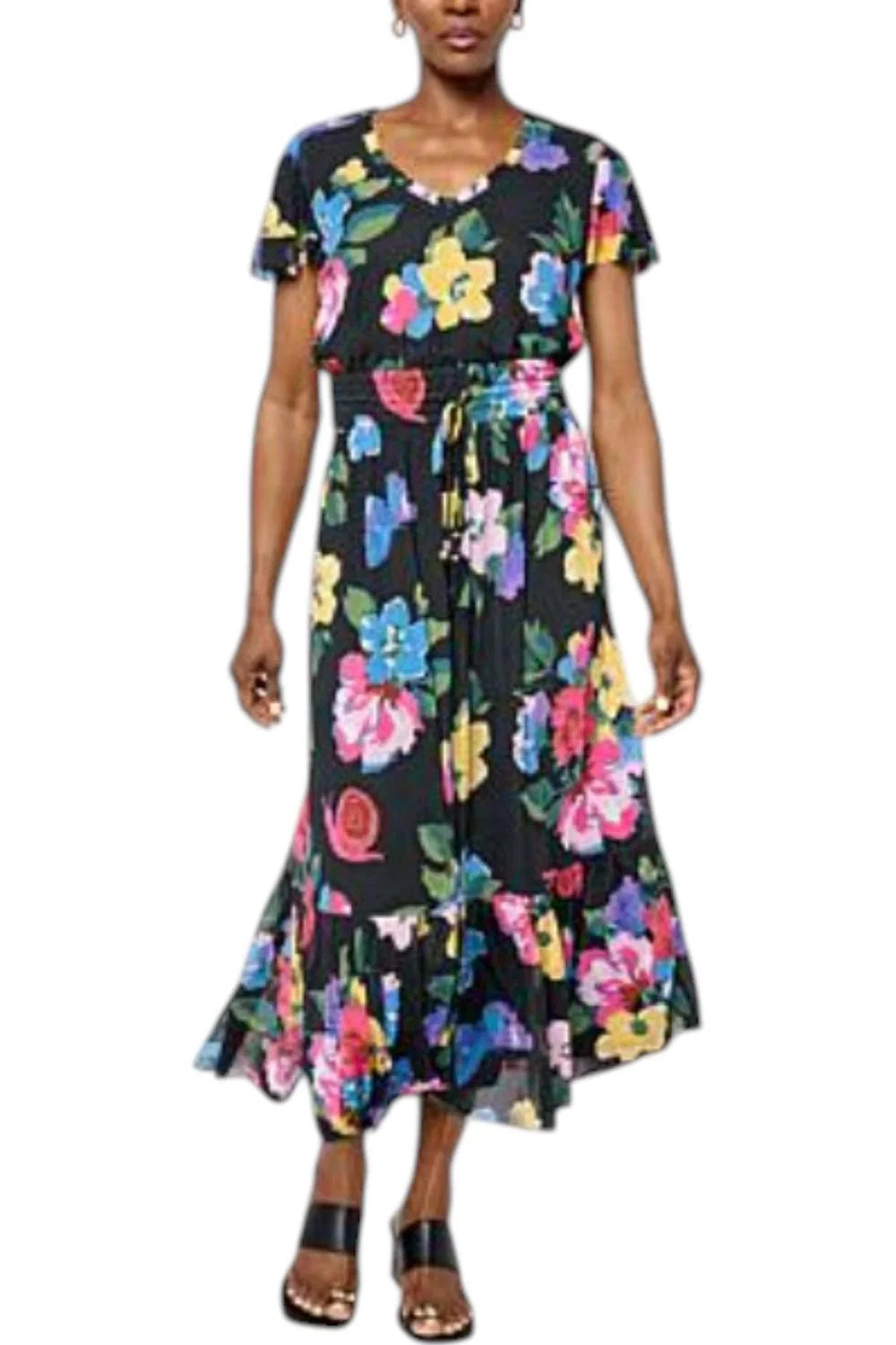 C Wonder Women’s Mesh Flutter Sleeve Tiered Dress Blooming Bouquet