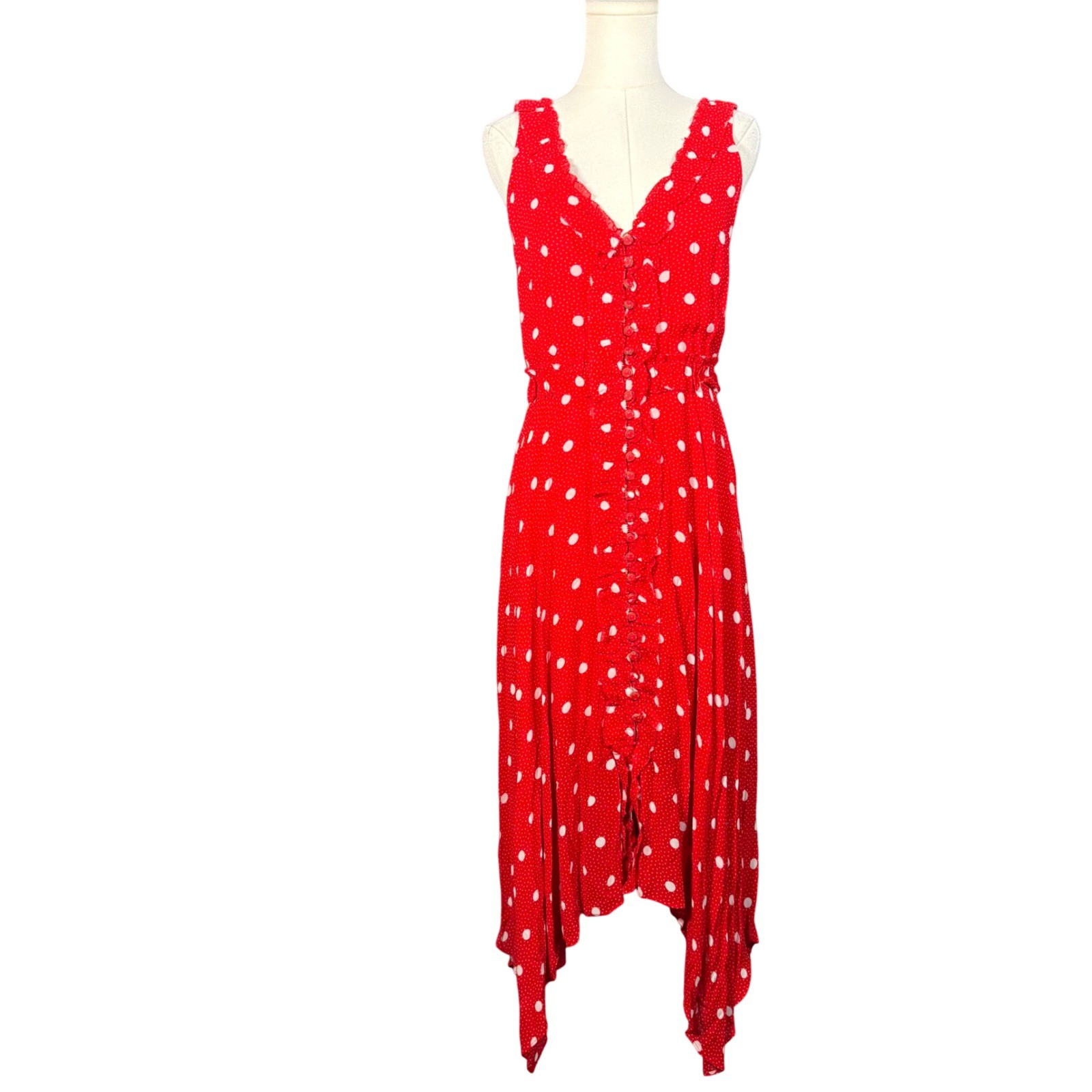 The Kooples Red Polka Dot Handkerchief Hem Midi Dress Ruffle V-Neck Medium