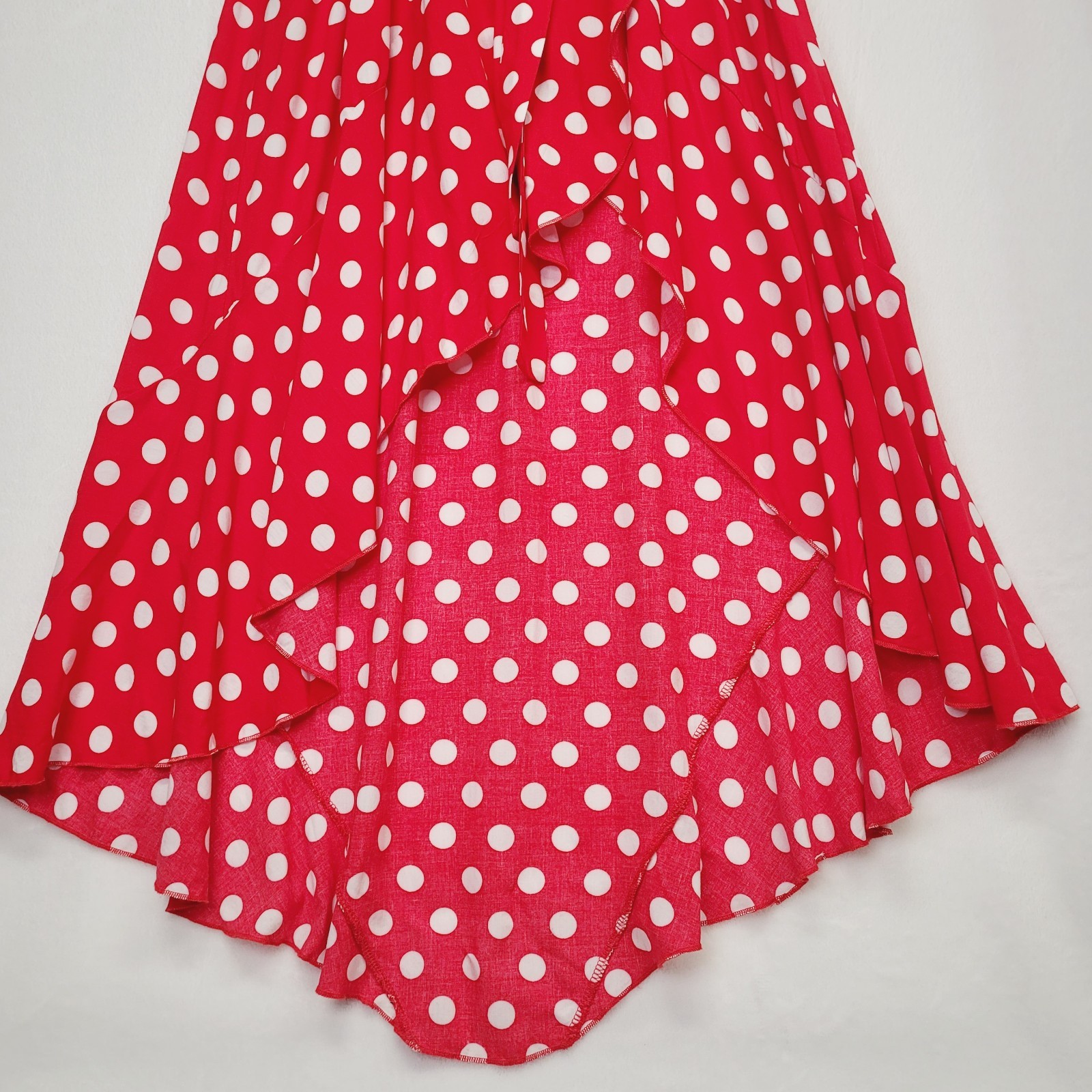 Red Polka Dot Faux Wrap Surplice Maxi Dress M Hi Low Ruffle Romantic Retro Femme