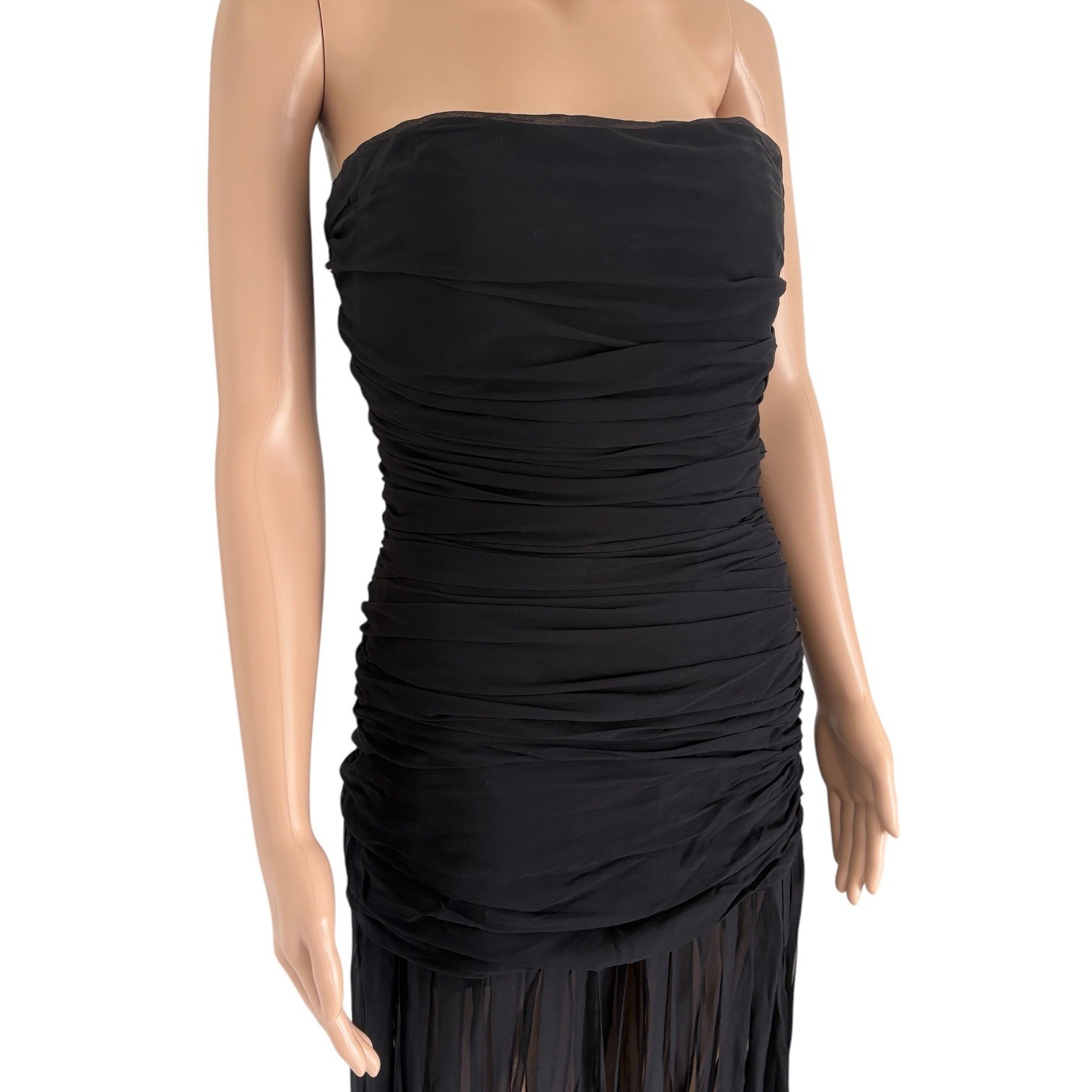 BCBGMAXAZRIA Strapless Silk Ruched Ombre Fringe Maxi Dress 8 Old Hollywood