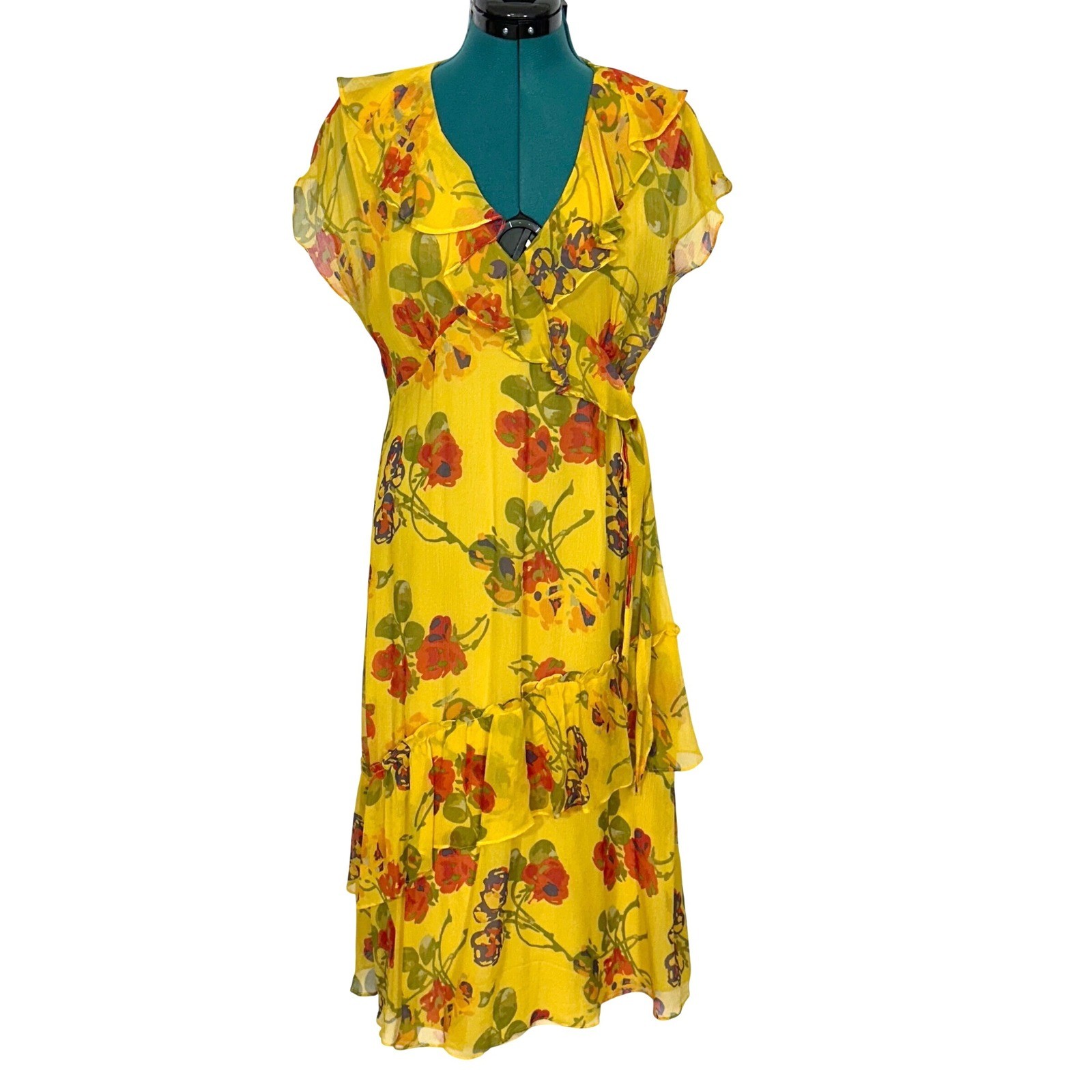 Sundance Silk Floral Midi Dress Ruffle Faux Wrap 10 Yellow Boho Romantic Wedding