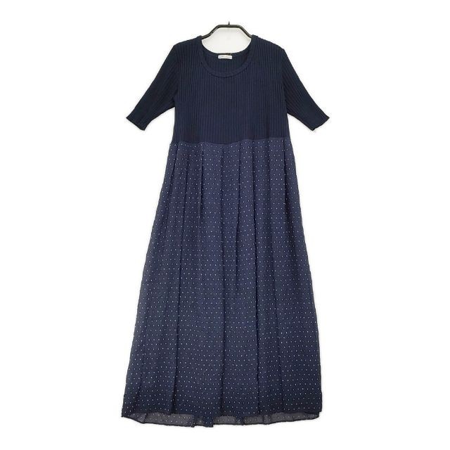 Brahmin Mixed-material pattern rib knit short sleeve top dress Navy 6-0701S∞
