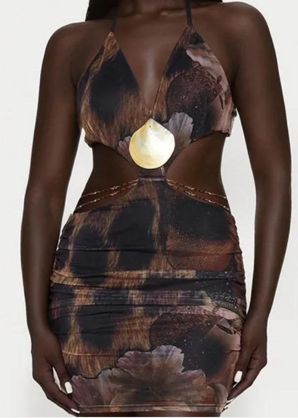 Fashion Nova Brown Floral Halter Bodycon Mini Dress Women Sexy Backless