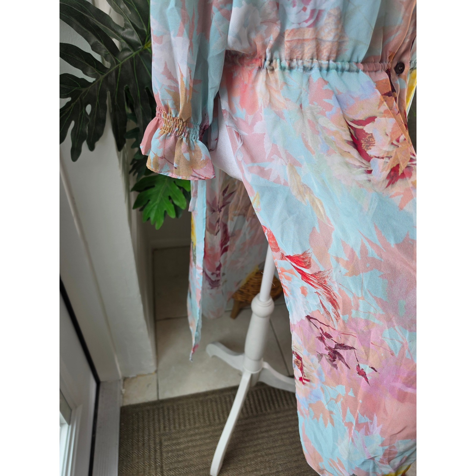 Vince Camuto Floral Button Front Midi Dress Blue XL Drawstring Waist Side Slits