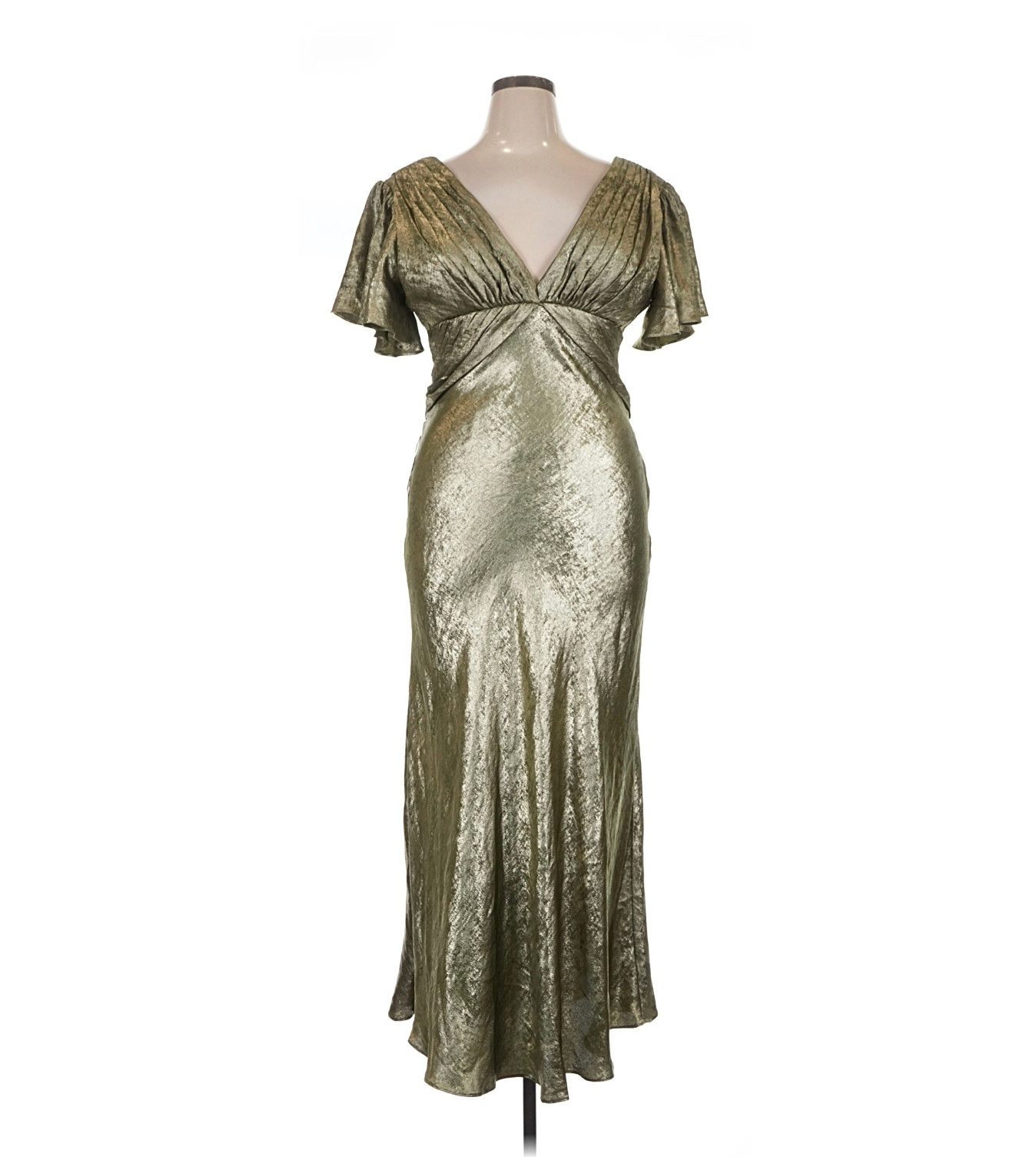 NEW Azazie Atelier Nancy Gold Leaf Plunging Maxi Lamé Formal Dress Size 14