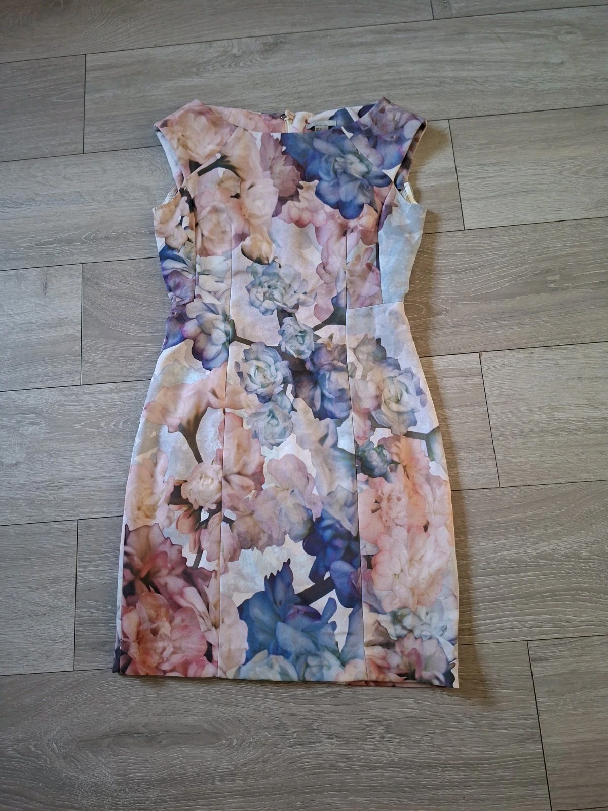H&M Pink & Grey Floral Stretch Shift Dress Classic Retro Smart Wedding UK8/10