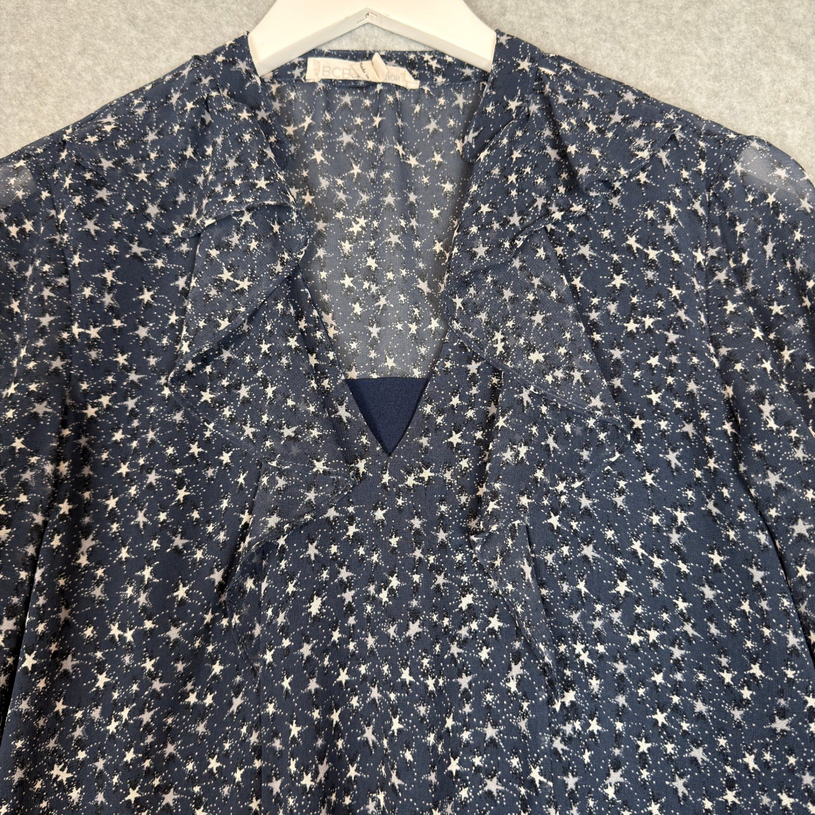 BCBGeneration Size S Navy Star Print Sheer Long Sleeve V Neck Mini Dress