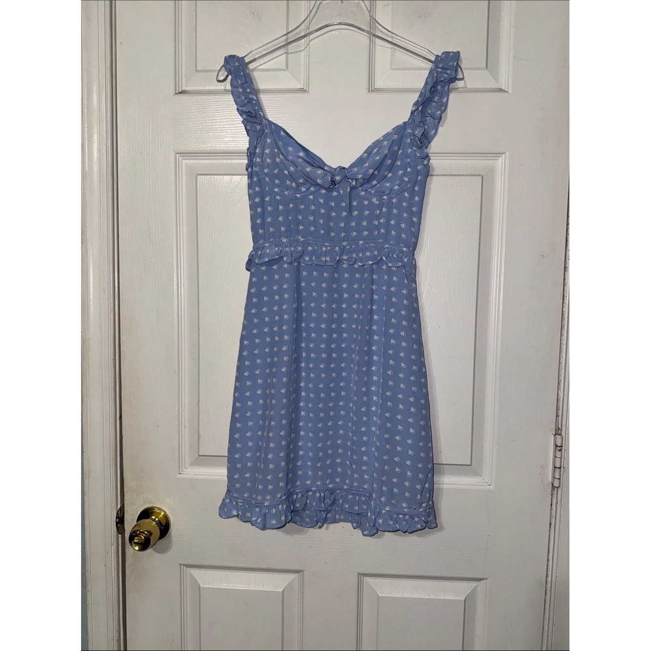 For Love & Lemons Sweetheart Mini Dress Light Blue Heart Print Size XS