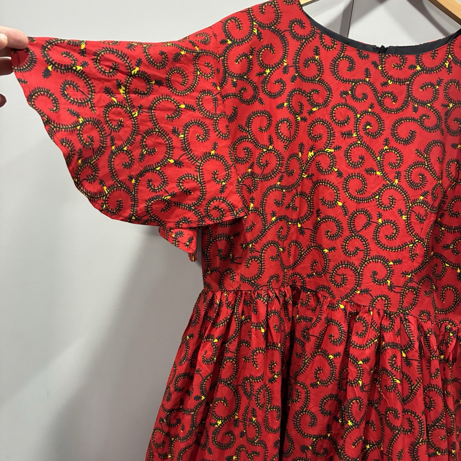 Handmade Ankara African Wax Print Formal Ocassion Dress Red Flutter Sleeve XL