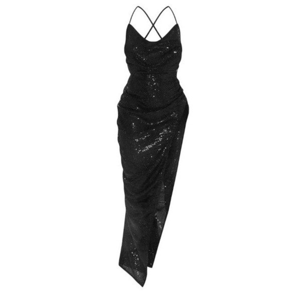 NWT PrettyLittleThing Sequin Cowl High Split Midi Dress 12 Black Formal LBD
