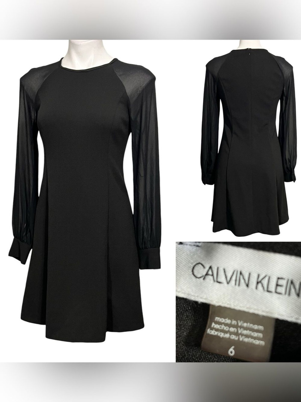 Calvin Klein dress sz 6 Sheer-Sleeve Black A-Line knee length office cocktail