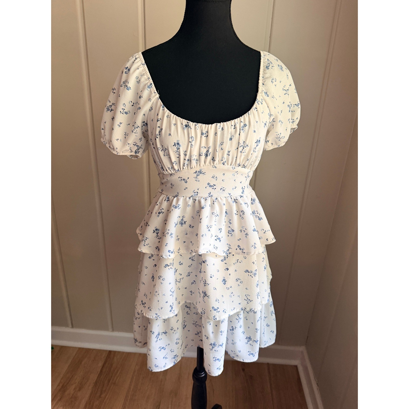 Originality Blue Floral Tiered Ruffle Mini Dress Cottagecore Puff Sleeve XS
