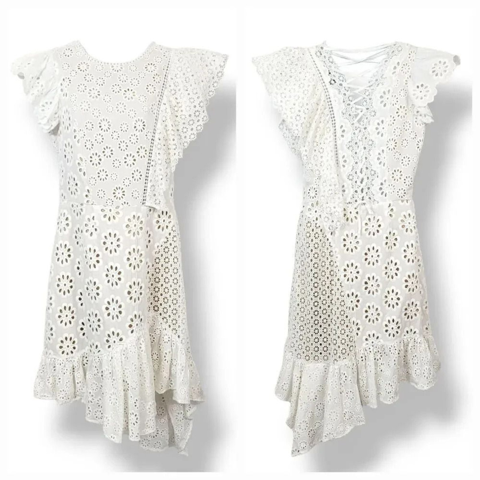 Sea New York Embroidered Eyelet Asymmetrical Lace Up Edie Dress in White Size 10