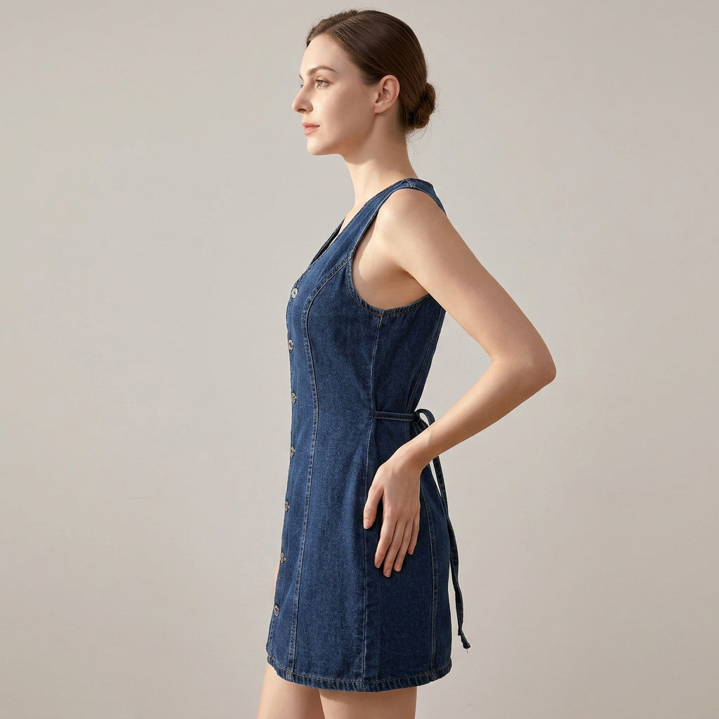 Distressed Button-Front Denim Mini Dress