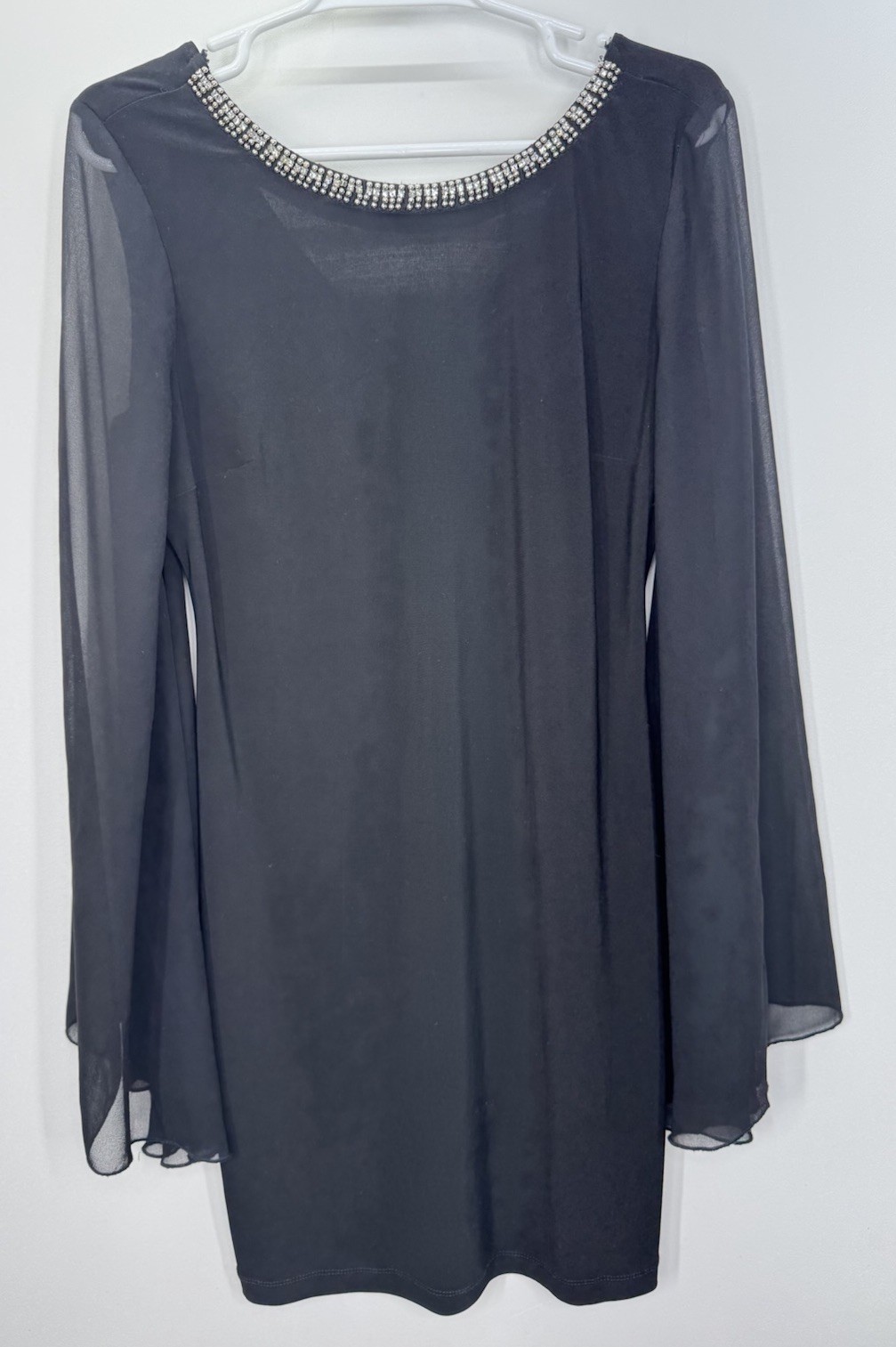 City Triangles Classic Beaded Mini Dress Sheer Bell Sleeves Elegant Event L