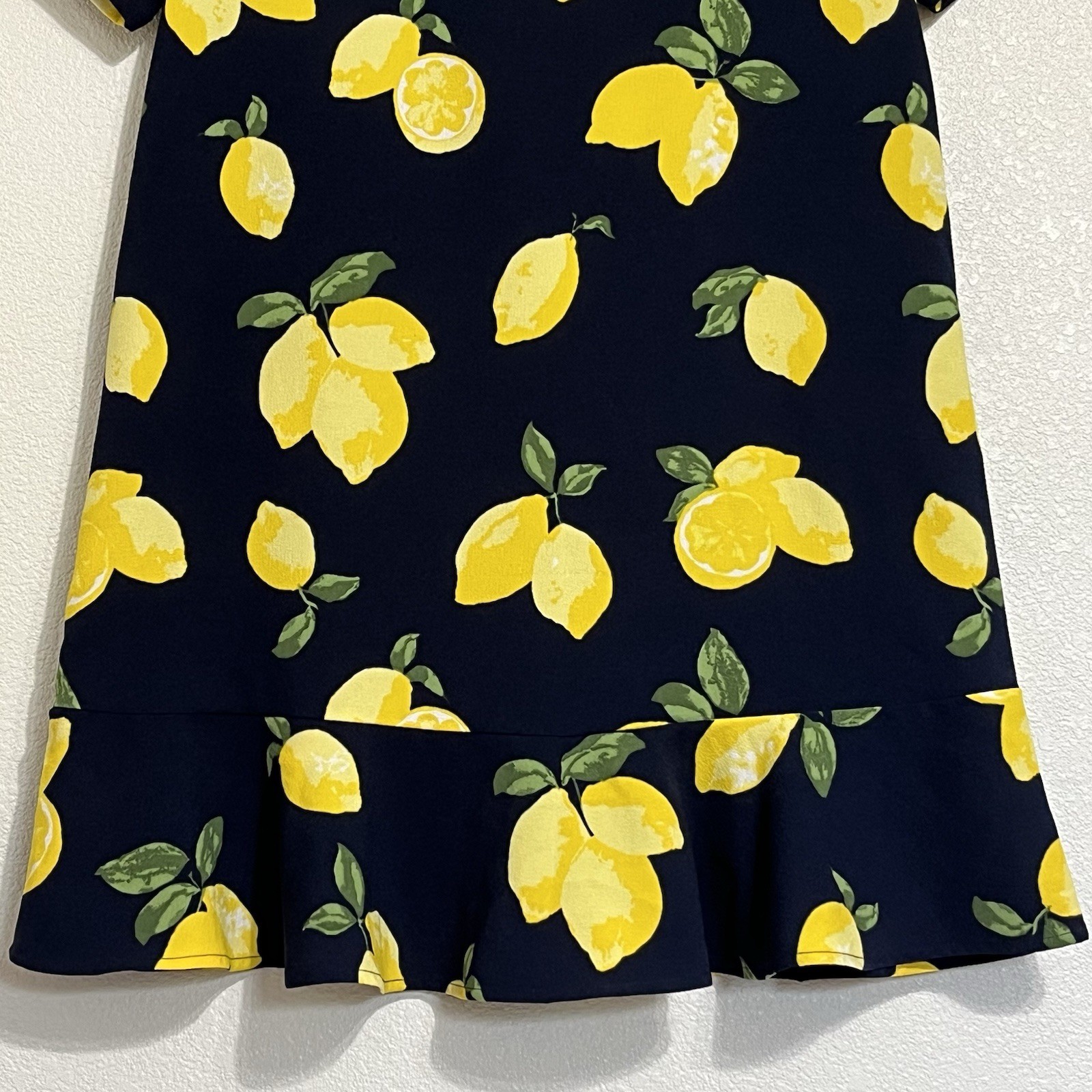 MUD PIE Lemons Lana Flounce Ruffle Short Sleeve Shift Dress Navy Yellow Women M