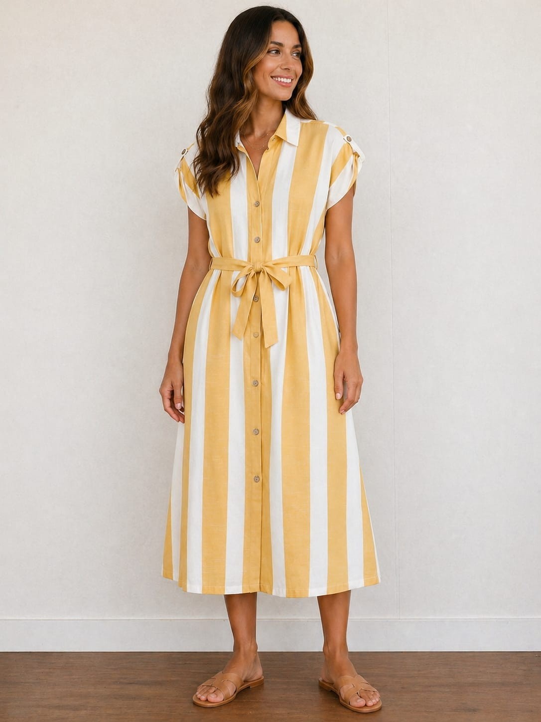 Mlle Gabrielle Womens cotton striped collared short tab sleeve belted midi Dress