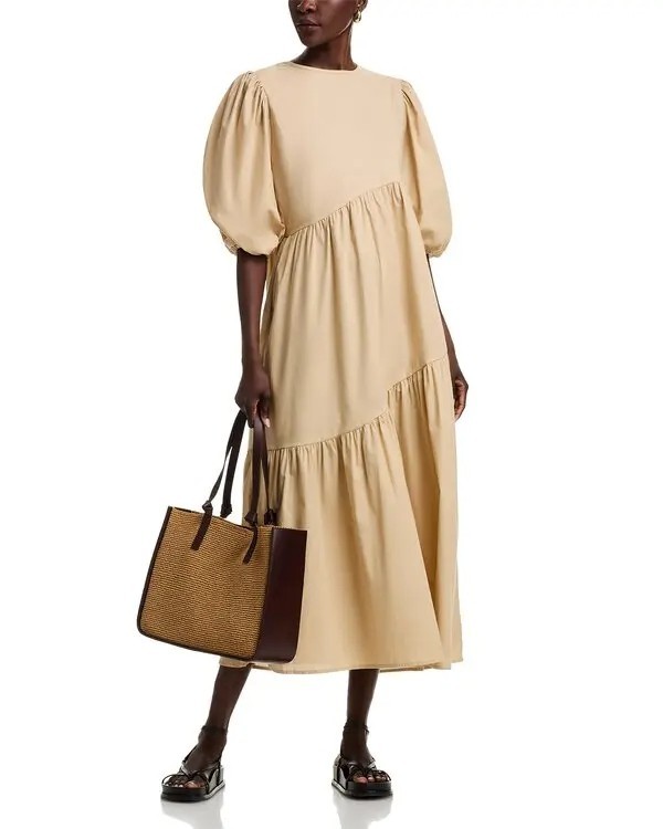275$ THE LULO PROJECT Pleated Armenia Midi Dress 3/4 Sleeve Size XL Camel Brown
