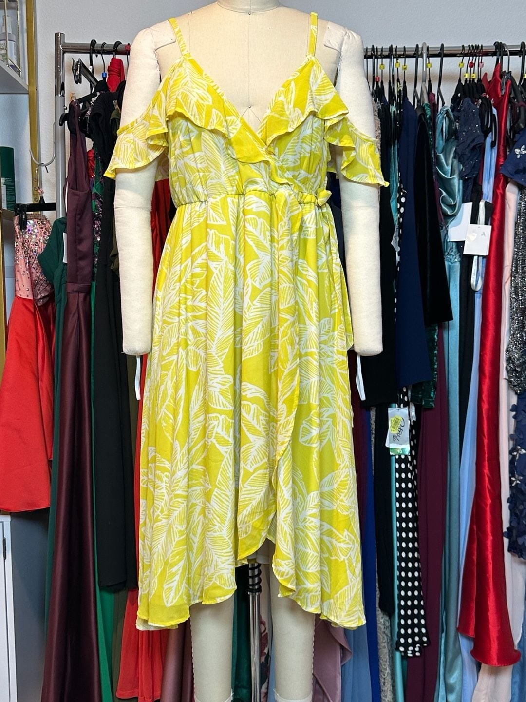 Torrid Yellow Leaf Print Chiffon Cold Shoulder Wrap Midi Dress
