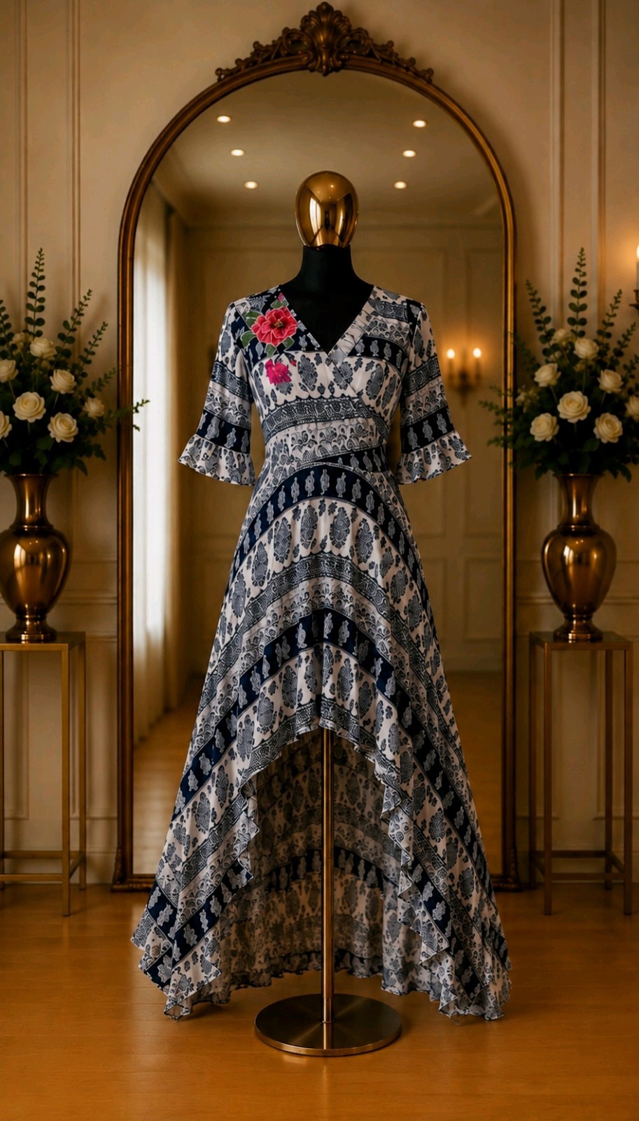 Tribal Femme Women’s Blue/White Floral Cotton V-Neck 3/4 Sleeve Hi-Low Maxi M