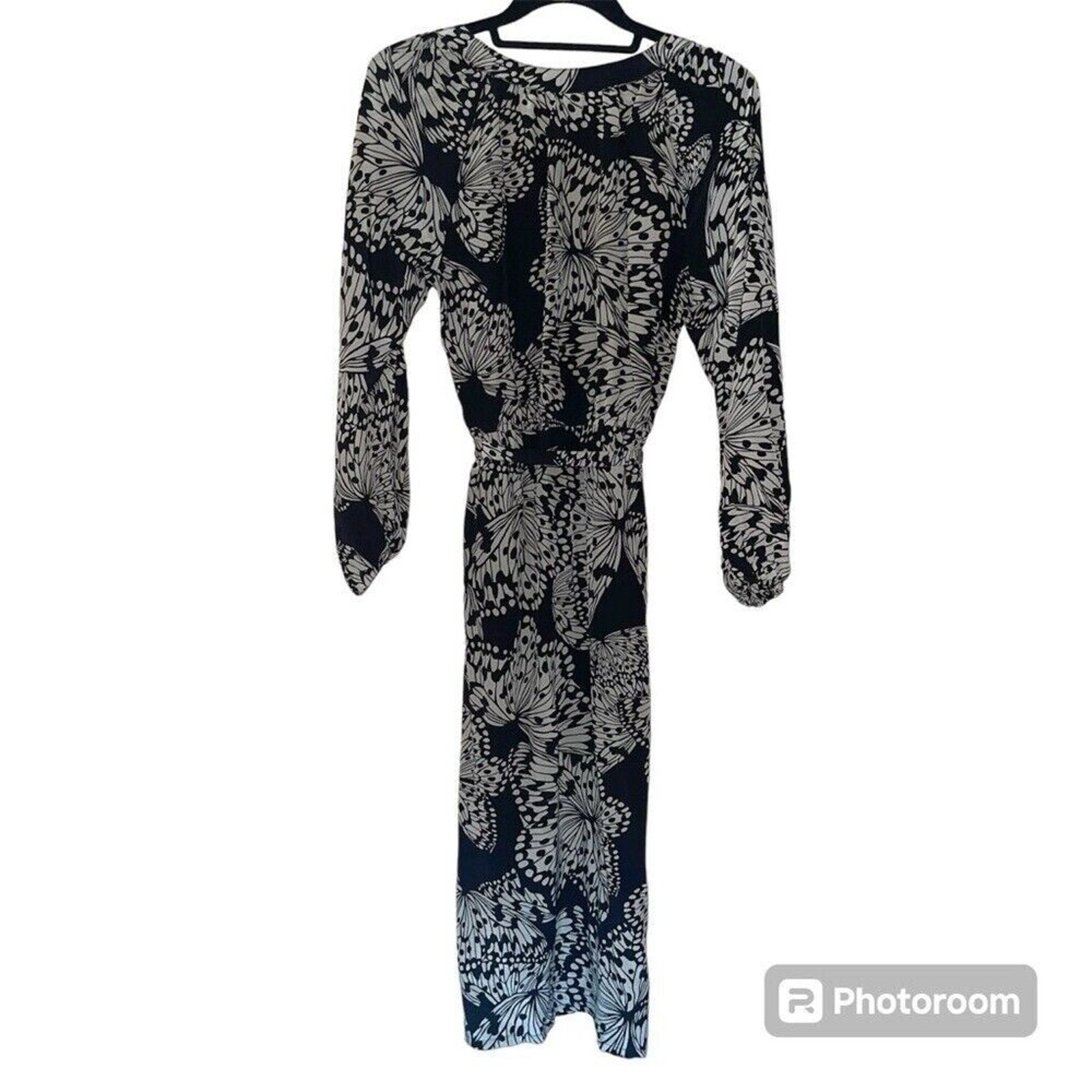 Presley Skye Midi Butterfly Print Silk Dress Black Sz S Classic Sheer Whimsigoth