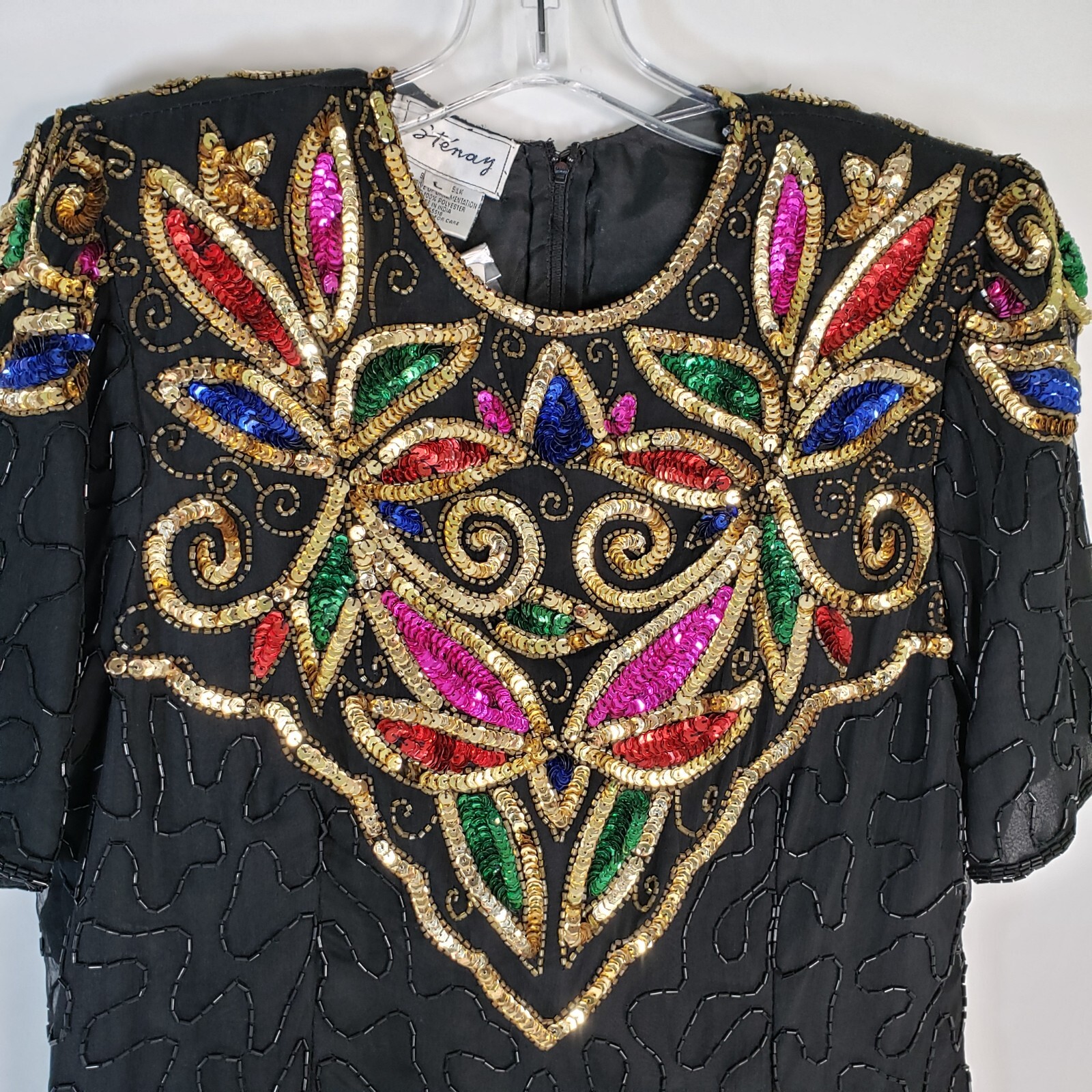 NWT Vintage 90s Stenay Sears Black Sequin Silk Cocktail Dress L Gold Red Pink
