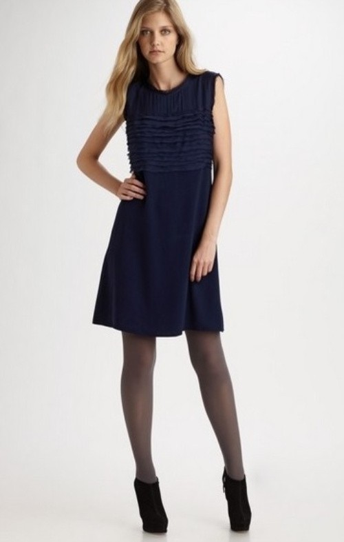 DKNY Navy Blue Pleated Layered Chest Area A-Line Dress 14