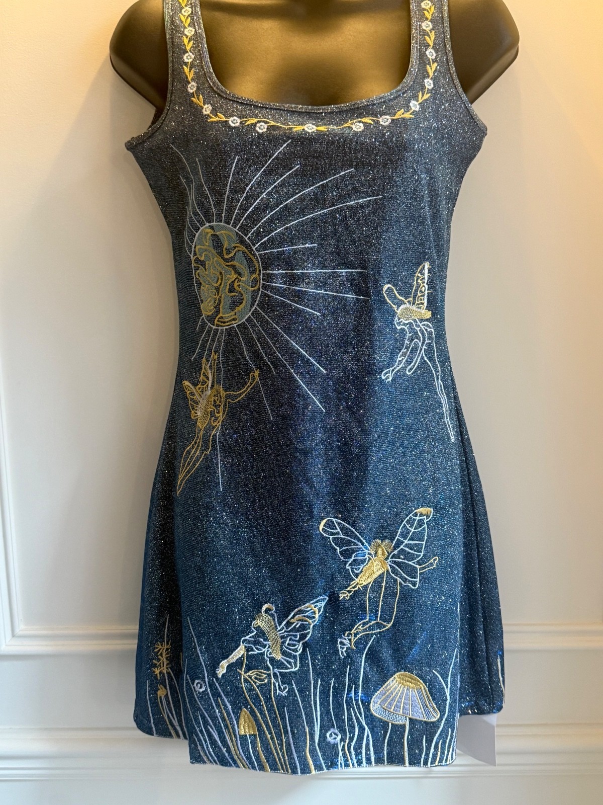 Fairy Embroidered Sparkly Blue Mini Dress BNWT Y2K Festival Small UK 8/10
