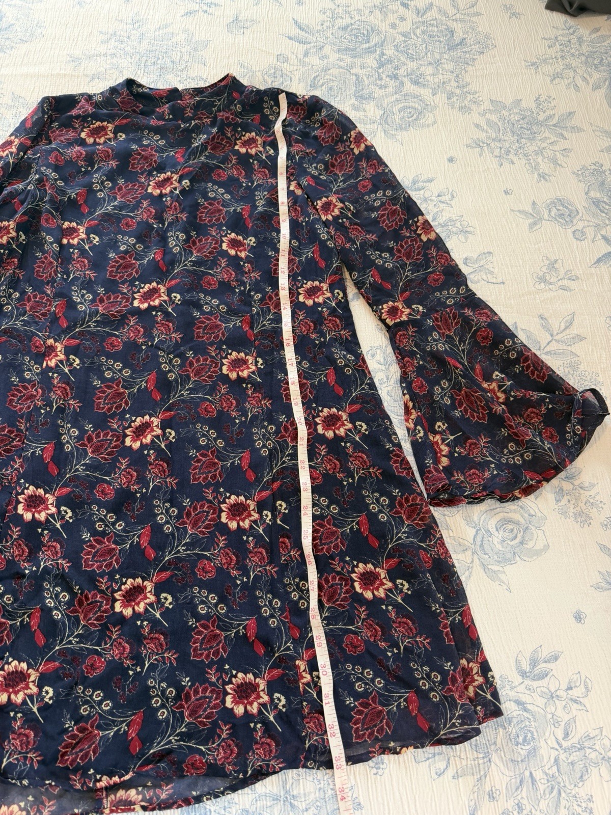 Speechless Navy Red Floral Chiffon Shift Dress Long Bell Sleeve Round Neck Large