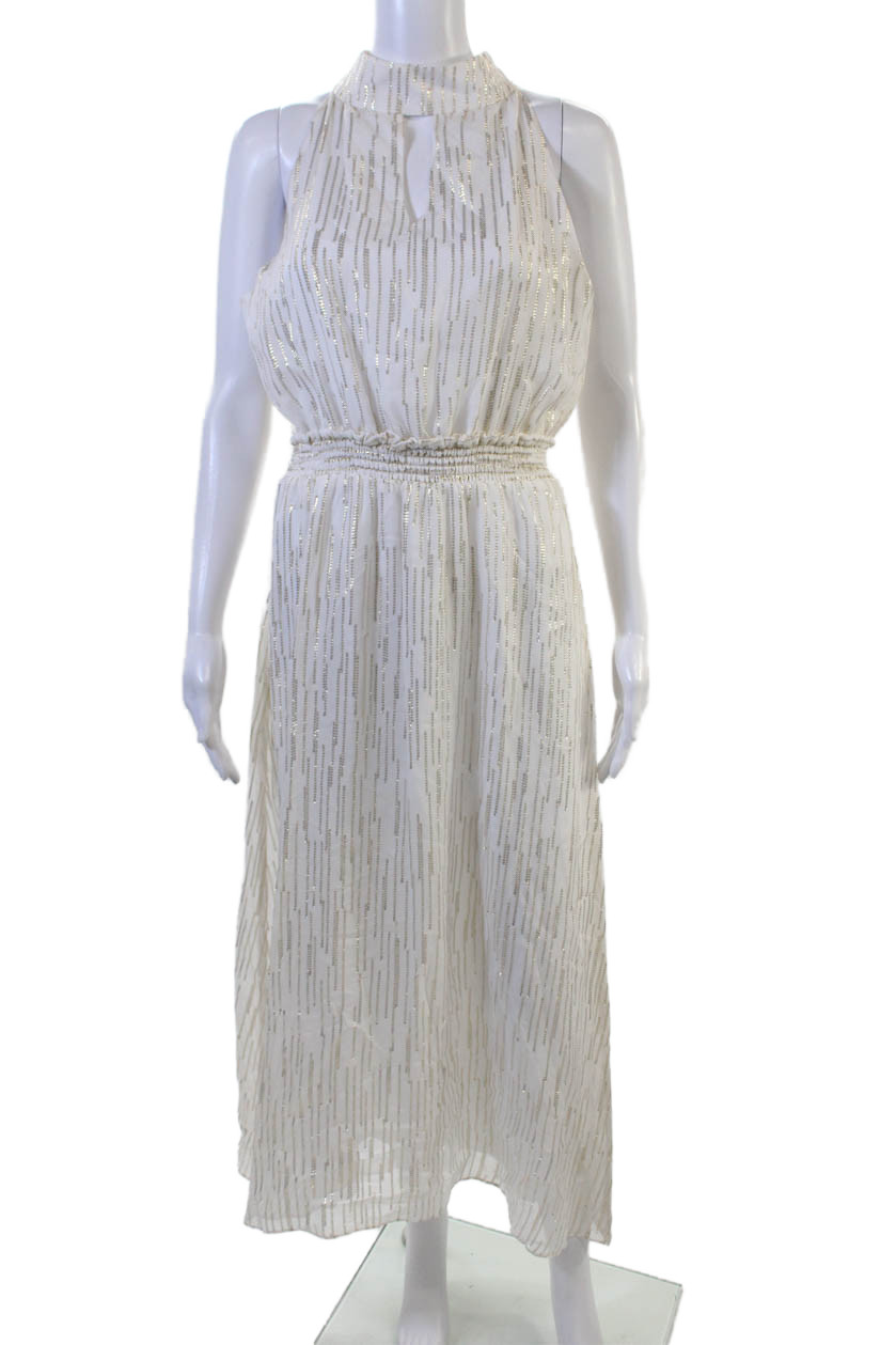 Drew Women Blouson Maxi Dress White Striped High Neck Sleeveless Size S
