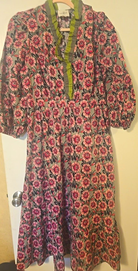 Umgee Pink/Green Floral 3/4 Puff Sleeve Smocked Midi A-Line Dress