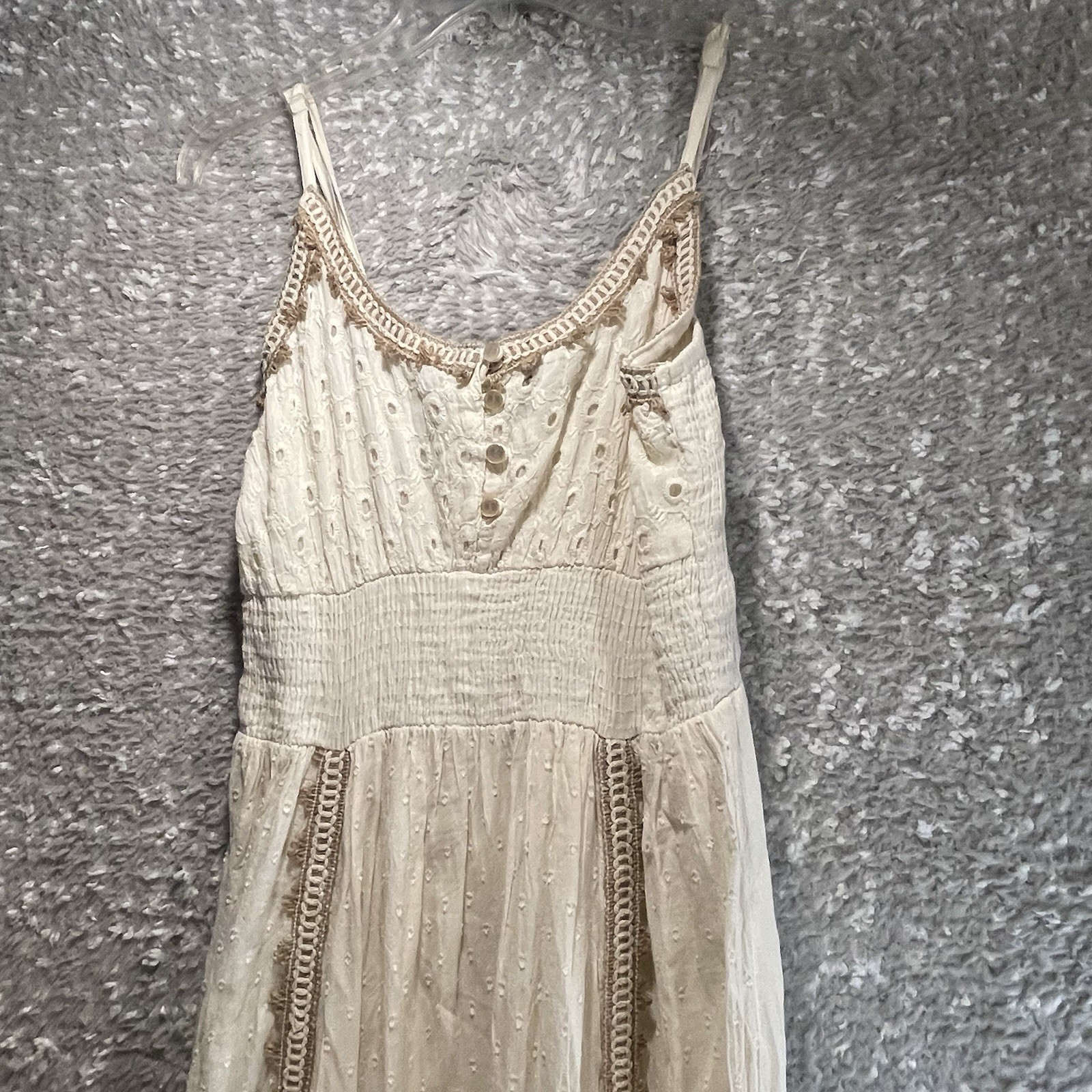 Me 2 Magic Boho Maxi Dress S Cream Gold Metallic Embroidered Crochet Tiered