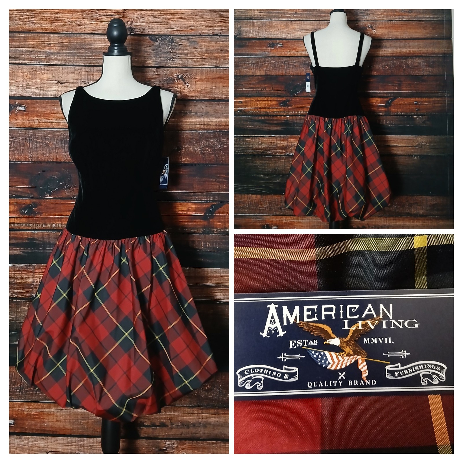 American Living Dress 6 Black Velvet Red Plaid Bubble Hem Side Zip Festive NWT